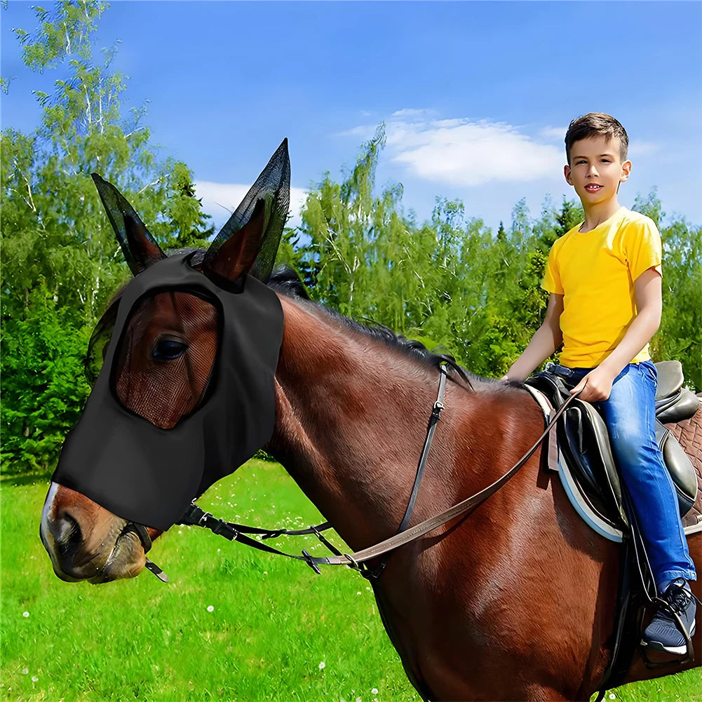 Horse Fly Mask — Breathable Mesh Hood with Ear Protection | Anti-Fly & Mosquito Bonnet | Black, Grey, Blue, Red, Purple