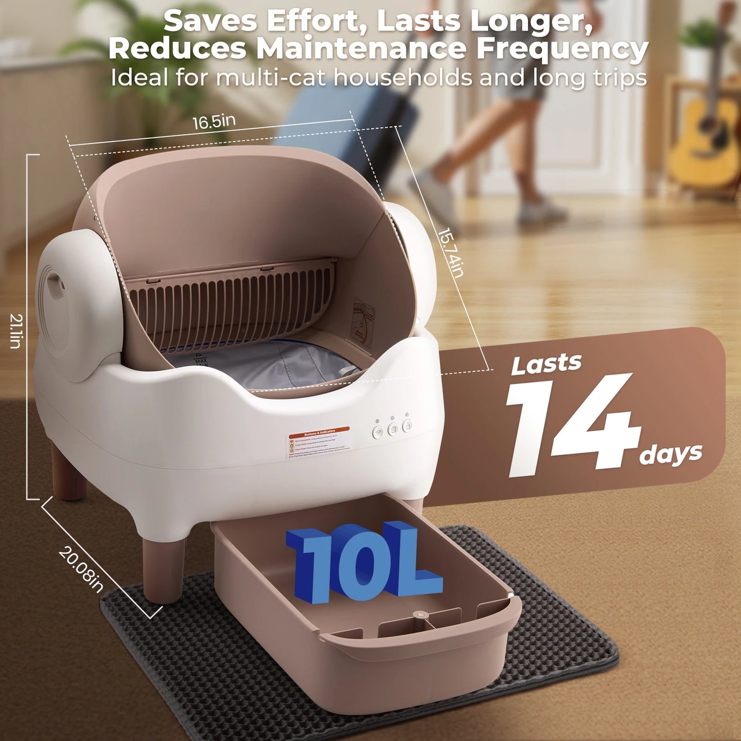 Lunapurr Self-Cleaning Litter Box — App-Controlled, Open-Top, 10L Bin for Multi-Cat Homes