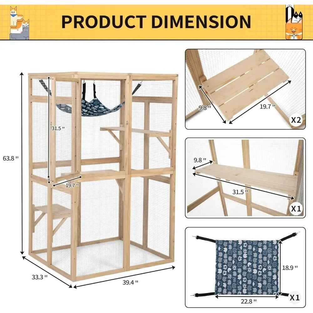Catio Outdoor Cat Enclosure Window Access, Wooden Cat House Shelter, Kitty Cage with Hammock for Patio Indoor (Wood)