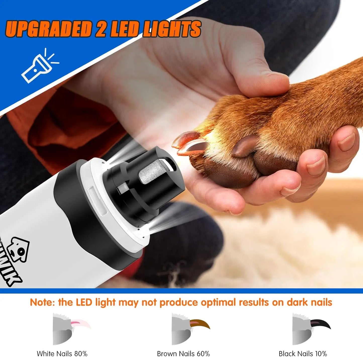 Electric Pet Nail Trimmer with Light — Quiet 2-Speed Grinder for Dogs & Cats