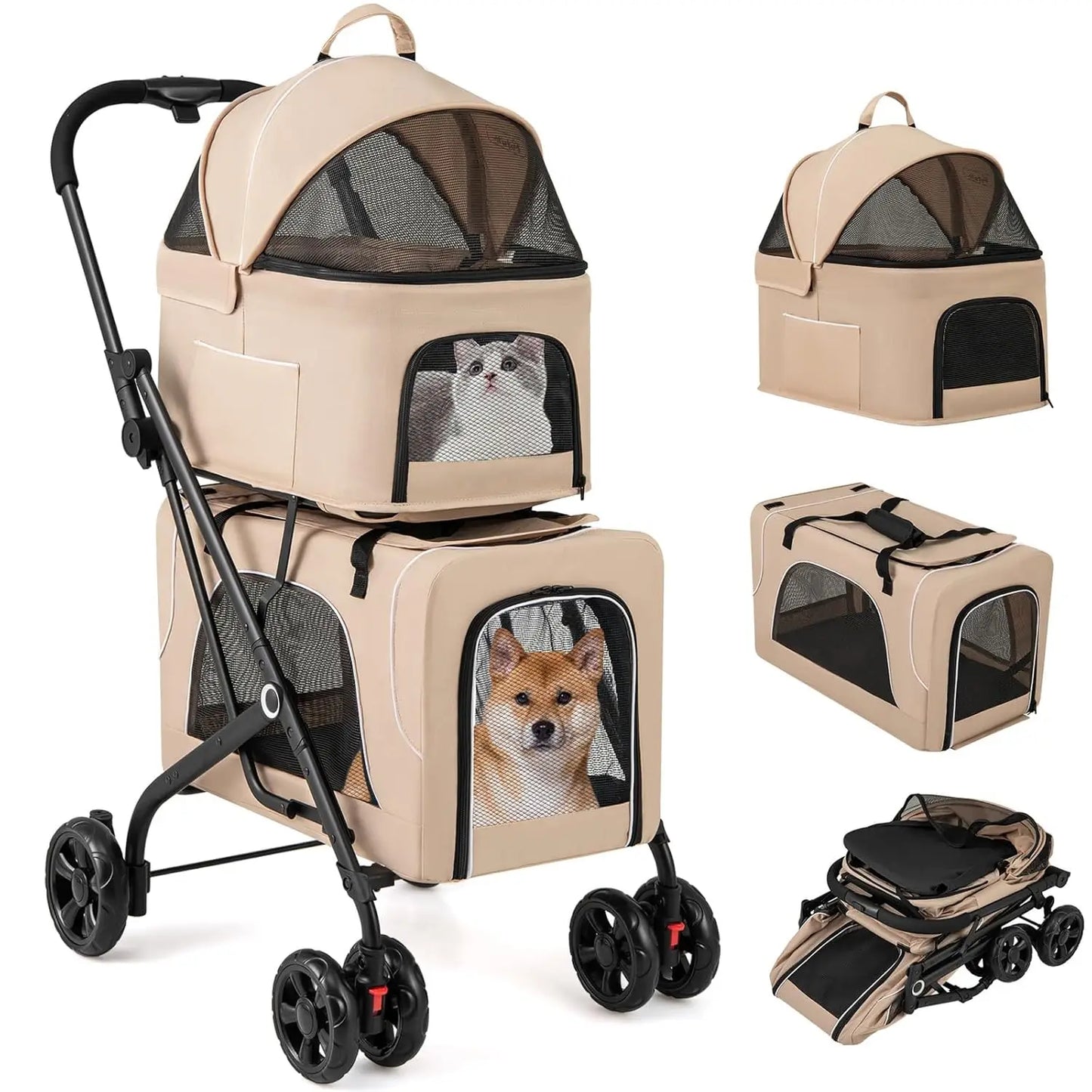 Double Pet Stroller for Dogs & Cats — Foldable 3-Color Oxford Cloth
