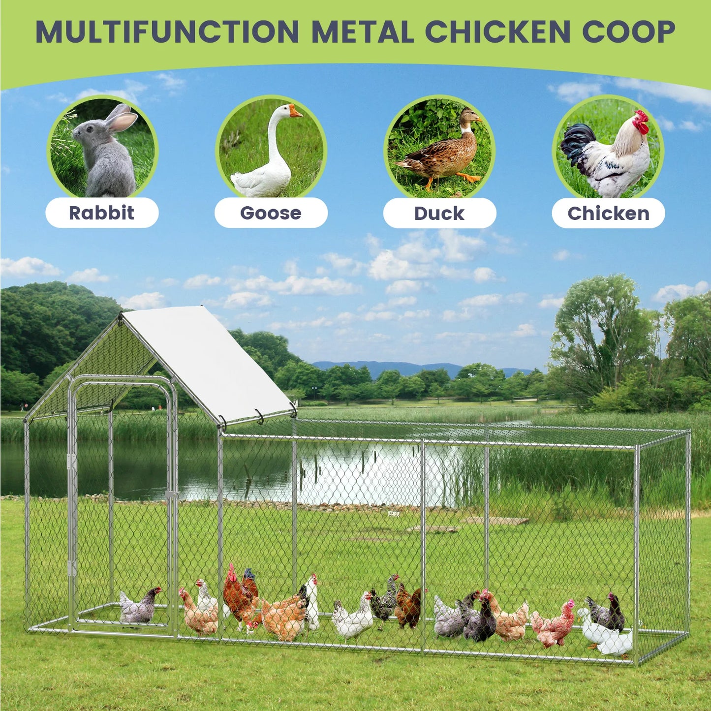 Walk-In Metal Chicken Coop with Waterproof Cover — 10x3.3x5 Ft | Outdoor Backyard & Farm Poultry Cage