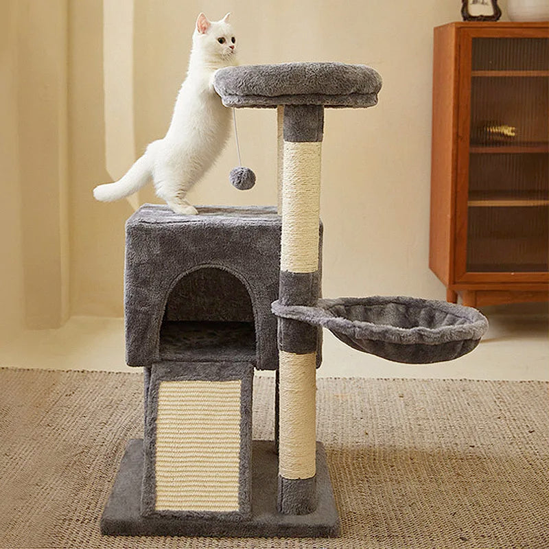 Luxury 3-Tier Cat Tower with Hammock, Sisal Scratching Post & Dangling Balls