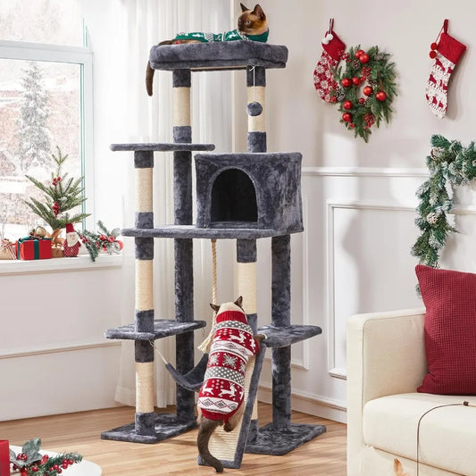 63" Multi-Level Cat Tree — Sisal Scratching Posts, Condo, Hammock & Dangling Ball