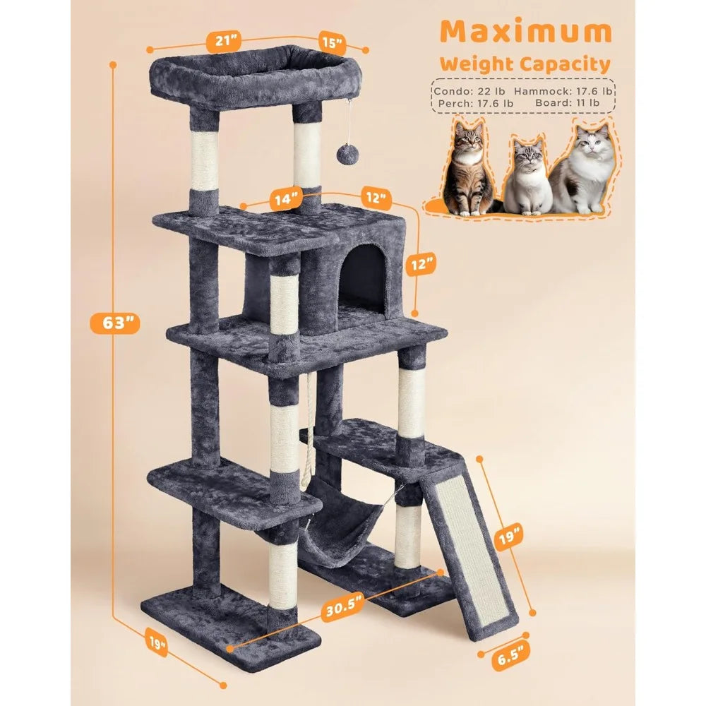 63" Multi-Level Cat Tree — Sisal Scratching Posts, Condo, Hammock & Dangling Ball