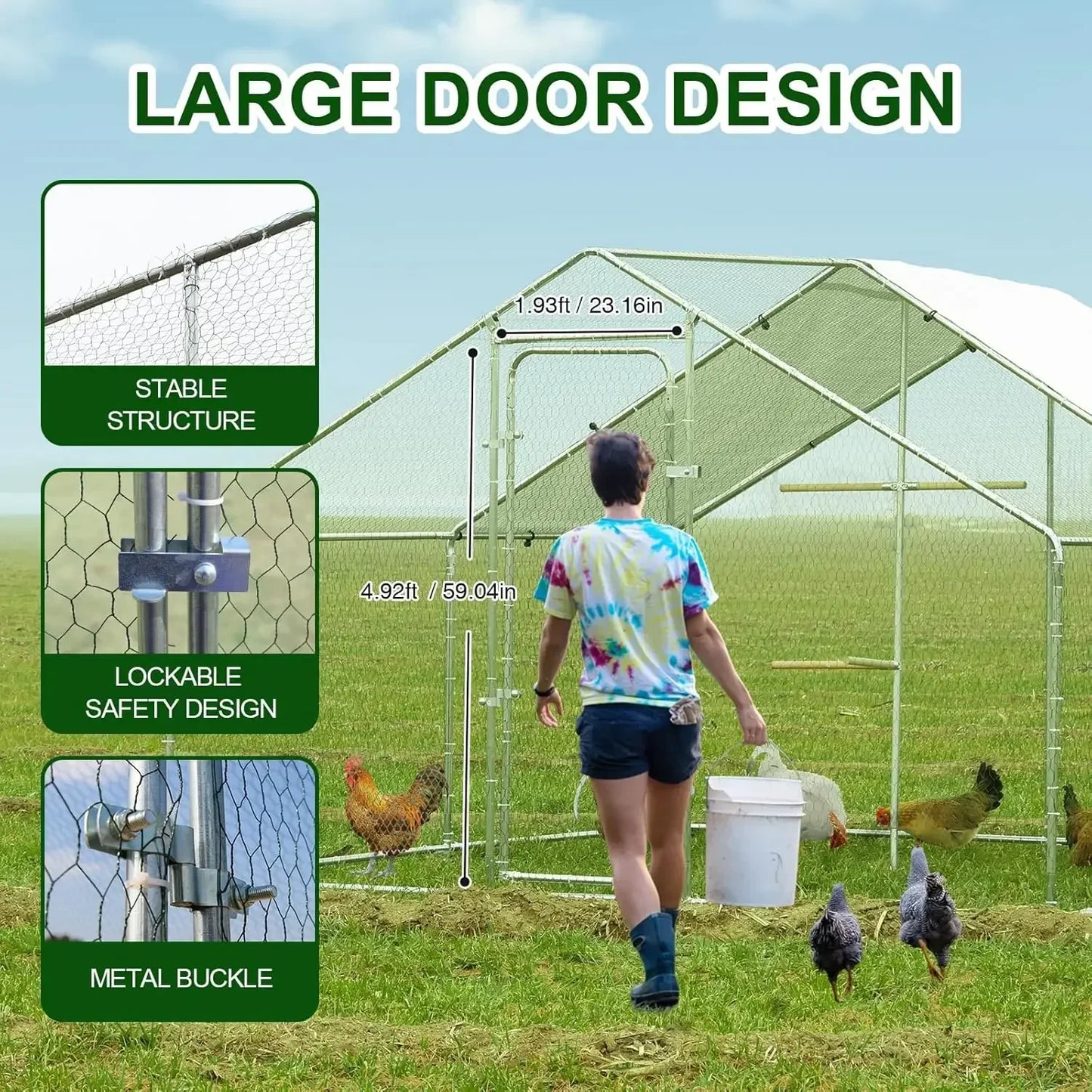 Large Walk-In Metal Chicken Coop — Waterproof & Anti-UV Cover, Heavy Duty Poultry Cage