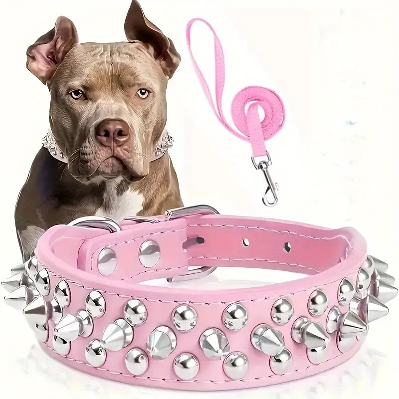 Spiked Leather Dog Collar & Leash Set — Adjustable for Outdoor Walking