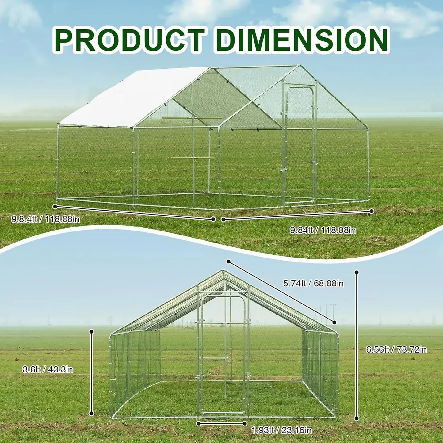 Large Walk-In Metal Chicken Coop — Waterproof & Anti-UV Cover, Heavy Duty Poultry Cage