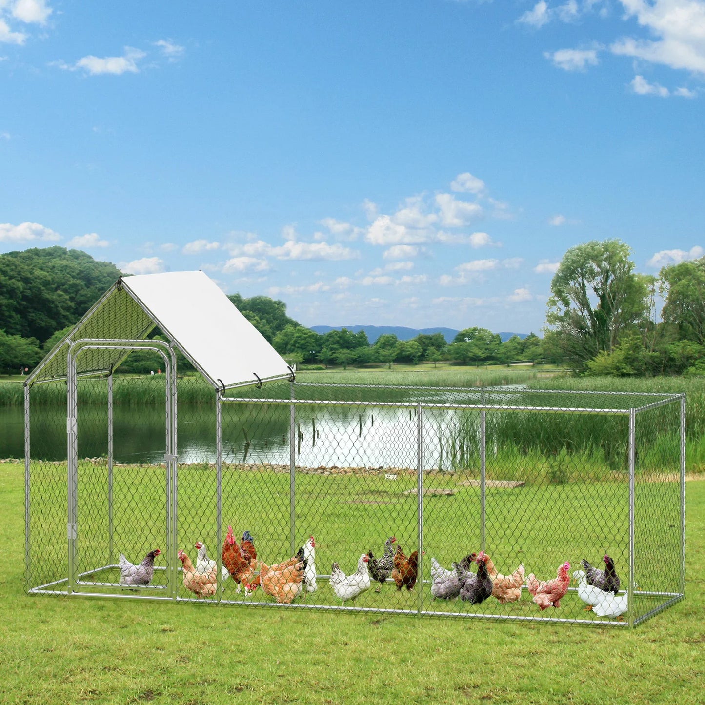 Walk-In Metal Chicken Coop with Waterproof Cover — 10x3.3x5 Ft | Outdoor Backyard & Farm Poultry Cage