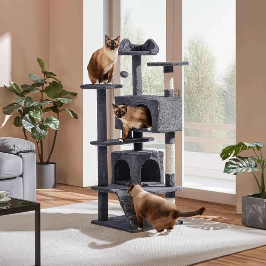 Yah 54in Cat Tree,Multi-Level Tower with Kitten-Ear Perch,2 Caves,Scratching Posts,Ladder,2 Plush Balls for Indoor Cats