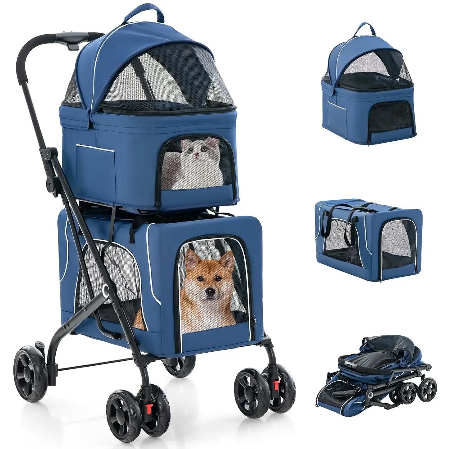 Double Pet Stroller for Dogs & Cats — Foldable 3-Color Oxford Cloth