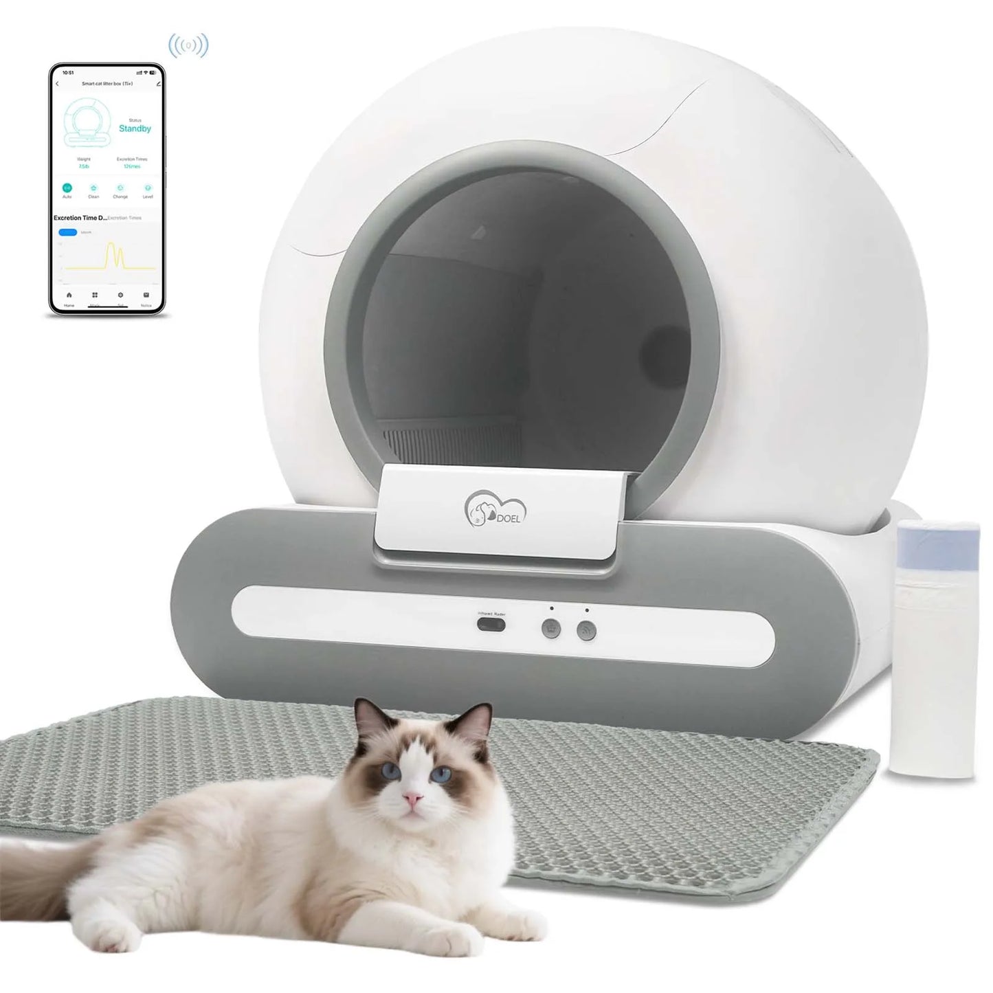 DOEL Self-Cleaning Cat Litter Box — 65L, App Control, Fits Cats 3.3–22 lbs