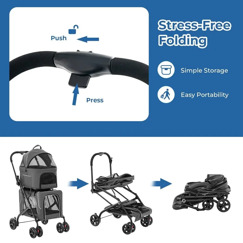 Double Pet Stroller for Dogs & Cats — Foldable 3-Color Oxford Cloth