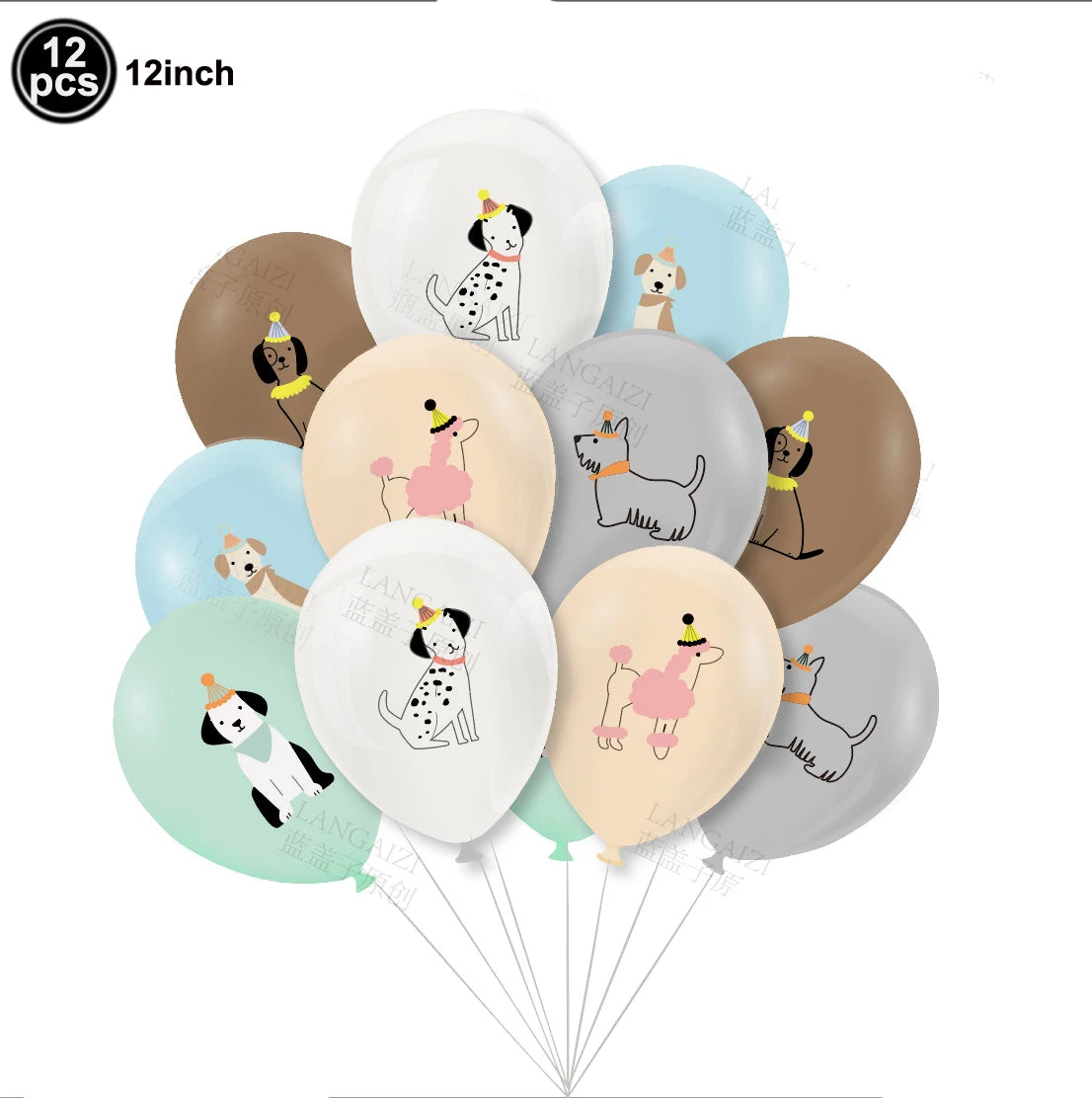 Dog Birthday Party Balloons — 12" Latex Puppy Print, Pack of 12