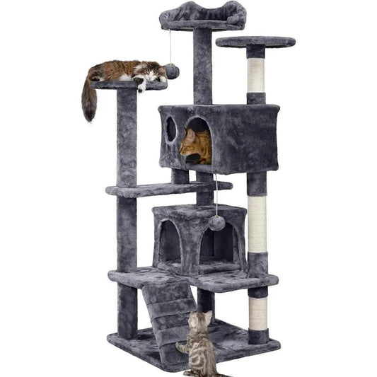 Yah 54in Cat Tree,Multi-Level Tower with Kitten-Ear Perch,2 Caves,Scratching Posts,Ladder,2 Plush Balls for Indoor Cats