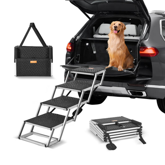 Folding Dog Car Steps — Wide Portable Aluminum Pet Stairs for Cars, SUVs & Trucks