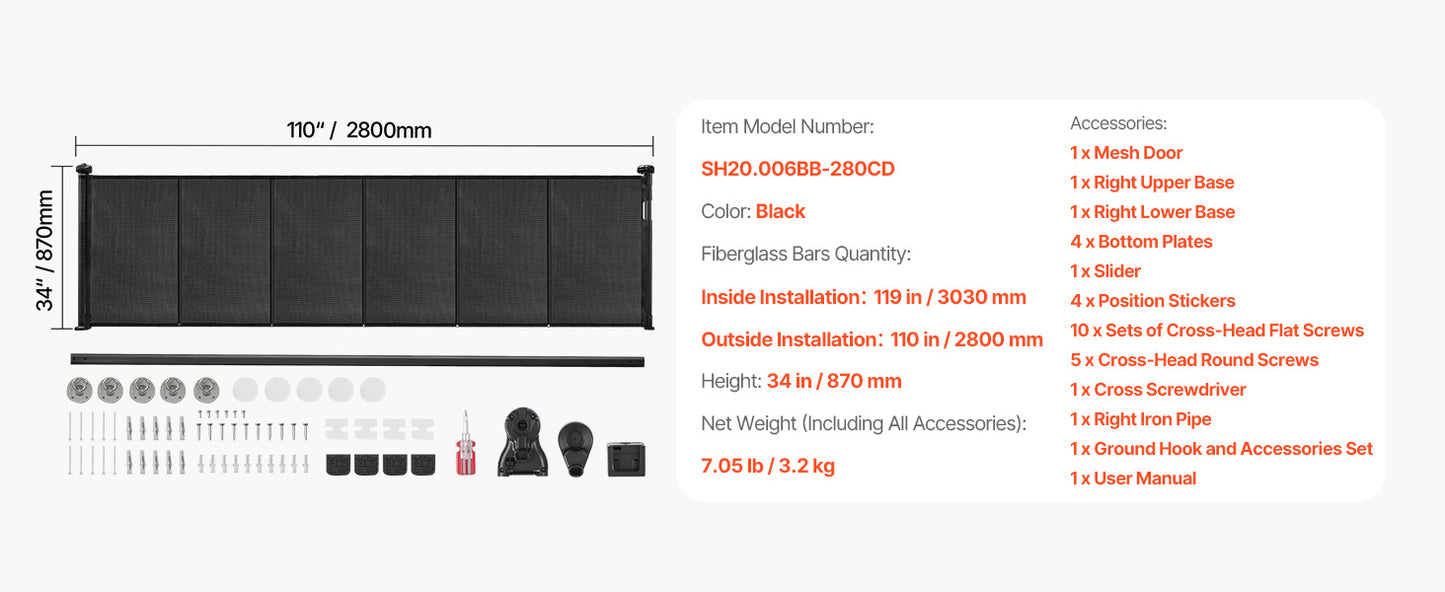 Retractable Pet Gate — Extends 55” to 110” Wide, 34” Tall, Easy to Install