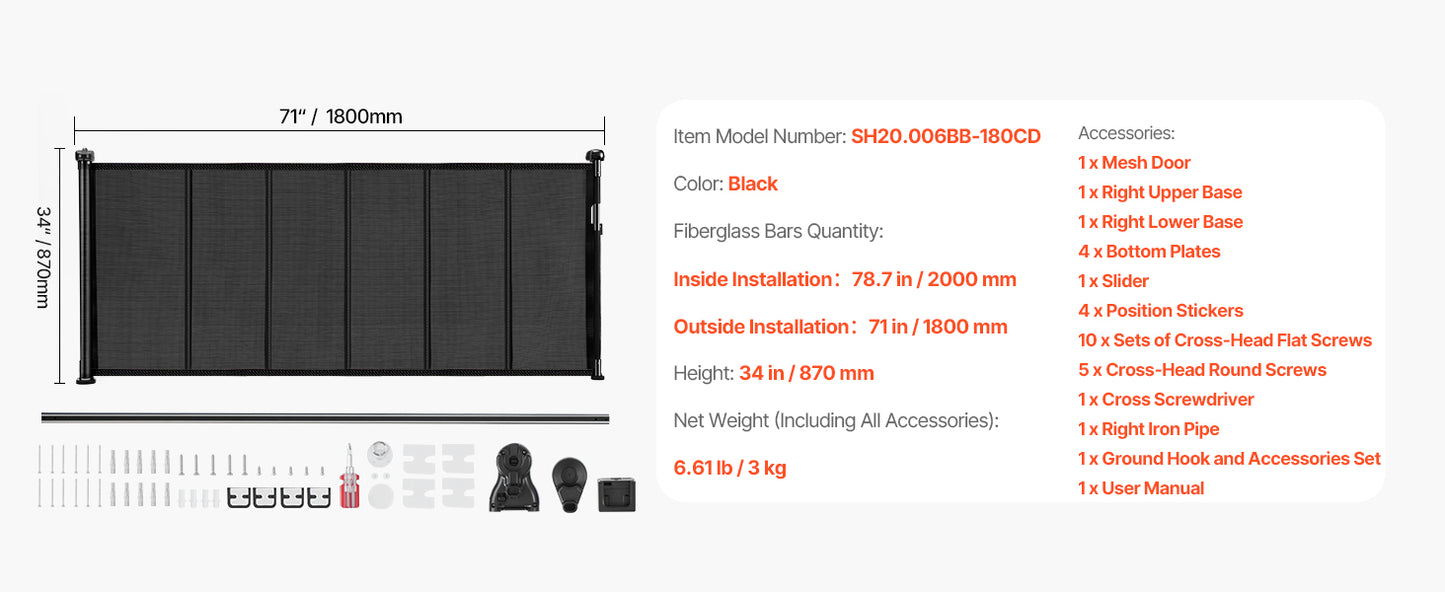 Retractable Pet Gate — Extends 55” to 110” Wide, 34” Tall, Easy to Install