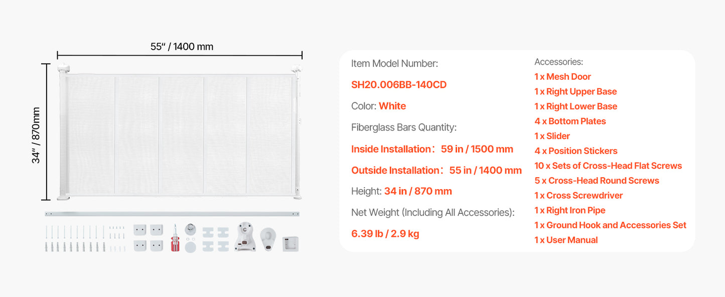 Retractable Pet Gate — Extends 55” to 110” Wide, 34” Tall, Easy to Install