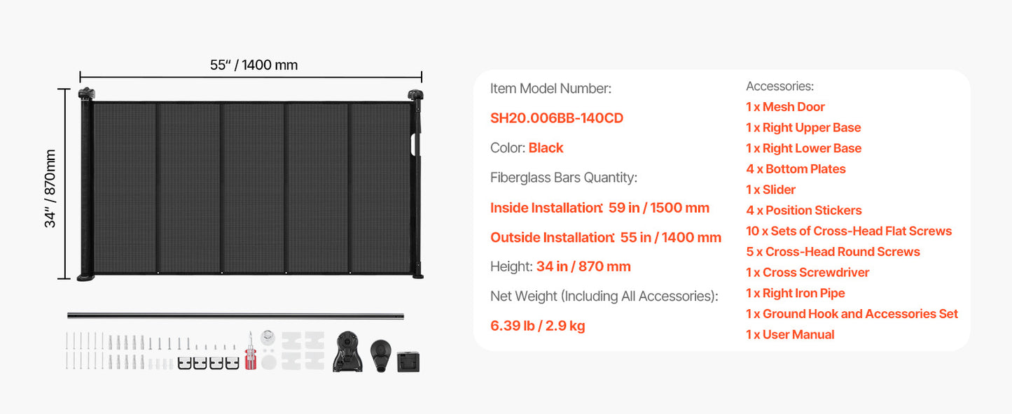 Retractable Pet Gate — Extends 55” to 110” Wide, 34” Tall, Easy to Install