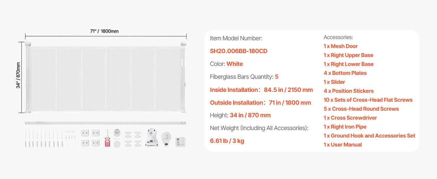 Retractable Pet Gate — Extends 55” to 110” Wide, 34” Tall, Easy to Install